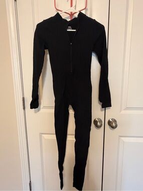 Ribbed Black One-Piece Zip Front Romper
